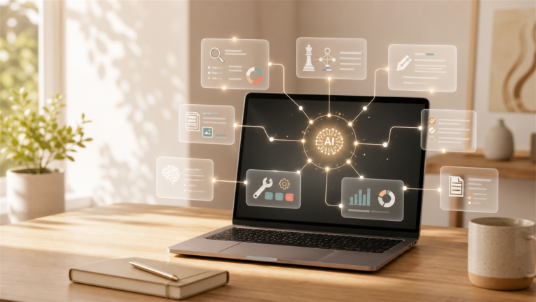Không gian làm việc hiện đại với laptop hiển thị AI hub và nhiều context module kết nối