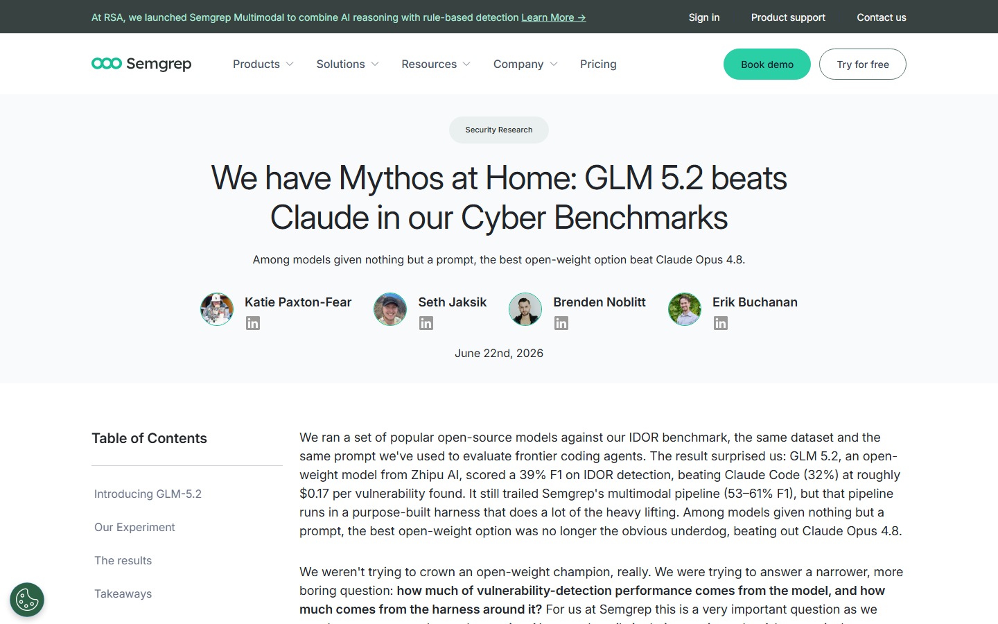 Bài viết Semgrep về GLM-5.2 và benchmark phát hiện lỗi IDOR so với Claude Code