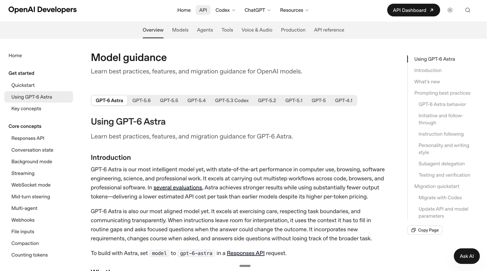 Trang tài liệu OpenAI Developers hướng dẫn sử dụng GPT-6 Astra.