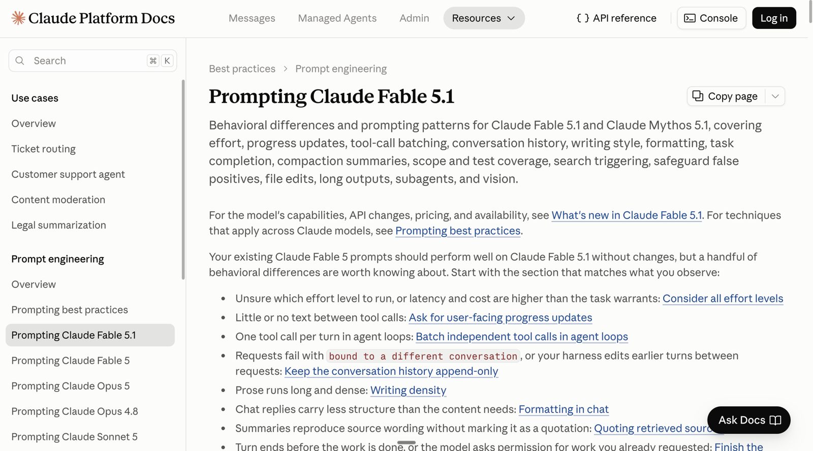 Trang tài liệu Claude Platform Docs hướng dẫn viết prompt cho Claude Fable 5.1.