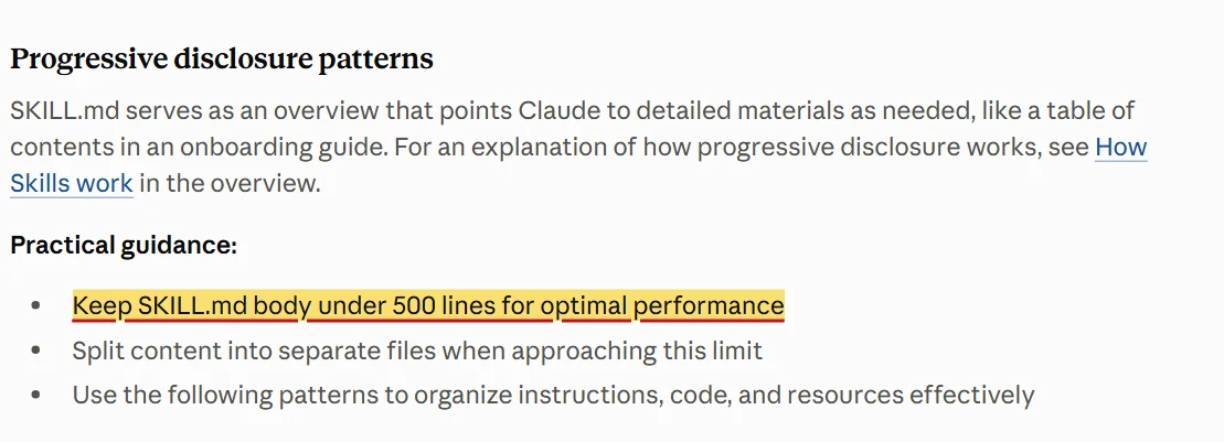 Tài liệu Anthropic: Keep SKILL.md body under 500 lines for optimal performance