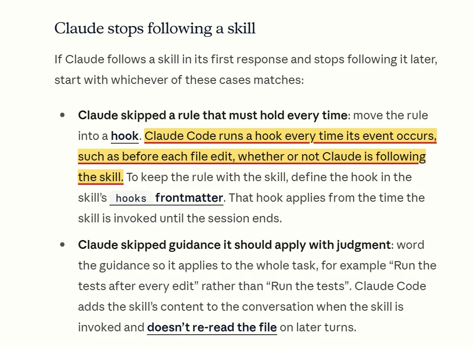 Tài liệu Claude Code: Claude Code runs a hook every time its event occurs, whether or not Claude is following the skill