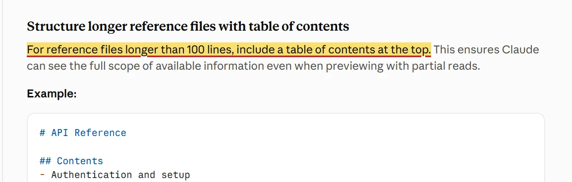 Tài liệu Anthropic: For reference files longer than 100 lines, include a table of contents at the top