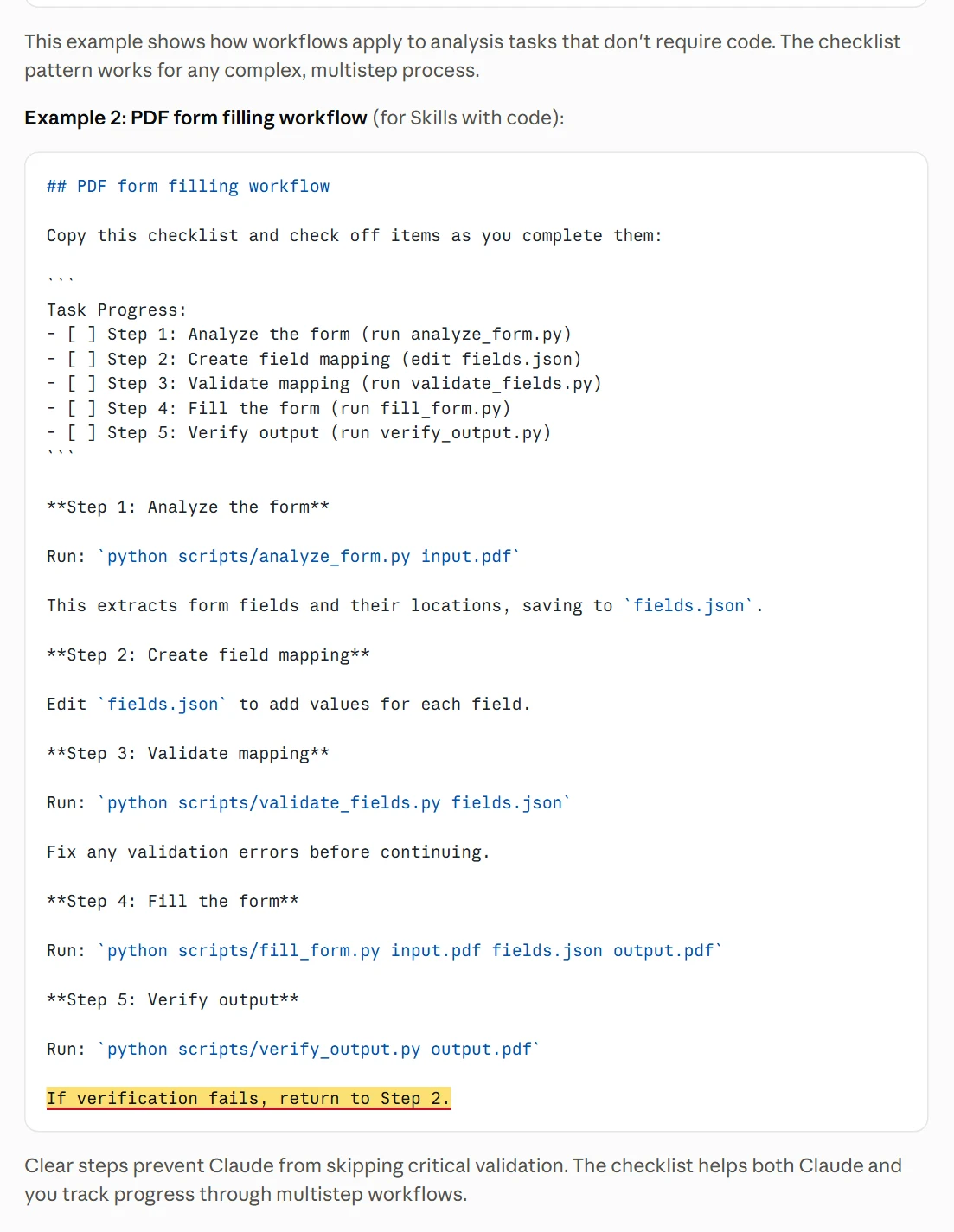 Ví dụ workflow của Anthropic kết thúc bằng dòng If verification fails, return to Step 2